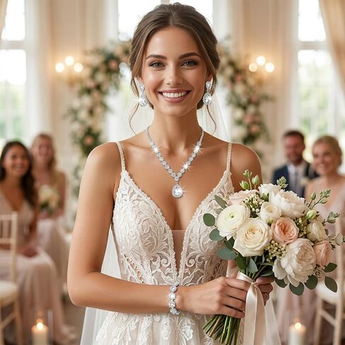 Bridal Jewelry Set for Wedding,Silver Rhinestone Bridal Necklace Earrings Bracelet Set for Women Brides Bridesmaids Teardrop Design for Valentines Day Anniversary Birthday in Saudi Arabia
