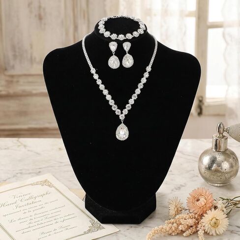 Bridal Jewelry Set for Wedding,Silver Rhinestone Bridal Necklace Earrings Bracelet Set for Women Brides Bridesmaids Teardrop Design for Valentines Day Anniversary Birthday in Saudi Arabia