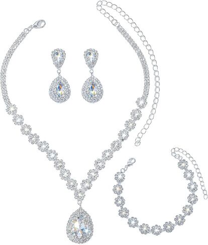 Bridal Jewelry Set for Wedding,Silver Rhinestone Bridal Necklace Earrings Bracelet Set for Women Brides Bridesmaids Teardrop Design for Valentines Day Anniversary Birthday in Saudi Arabia