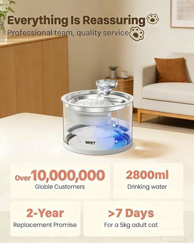 NPET N280 زجاج نافورة مياه للقطط - وعاء سقي أوتوماتيكي للكلاب - موزع تلقائي للحيوانات الأليفة - مياه شرب للحيوانات الأليفة الصغيرة في الداخل - نوافير حيوانات طبق تلقائي - 2.8 لتر in Kuwait