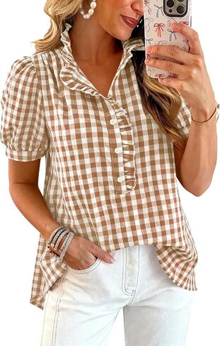 Womens Puff Short Sleeve Summer Tops Striped Plaid Ruffle V Neck Button Down Shirts Business Casual Work Blouses (S-XXL) in Kuwait