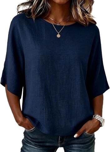 Linen Tops for Women Summer Casual 3/4 Sleeve Cotton Shirts Oversized Crewneck Top Blouses 2026 Fashion Outfits in Kuwait