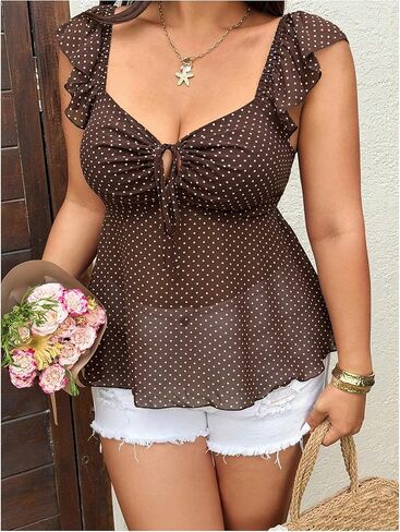 بلوزات نسائية من Floerns مقاس كبير منقطة بيبلوم وربطة عنق على شكل قلب وربطة عنق أمامية للخروج in Kuwait