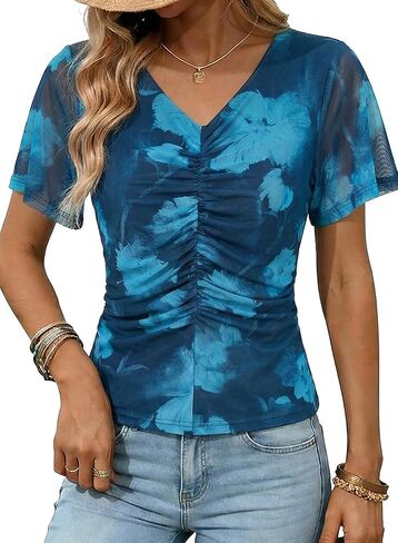Dokotoo Womens Summer Tops Short Sleeve Mesh Boho Floral V Neck Ruched Front Casual Slim Fit Stretch Blouses Shirts in Kuwait