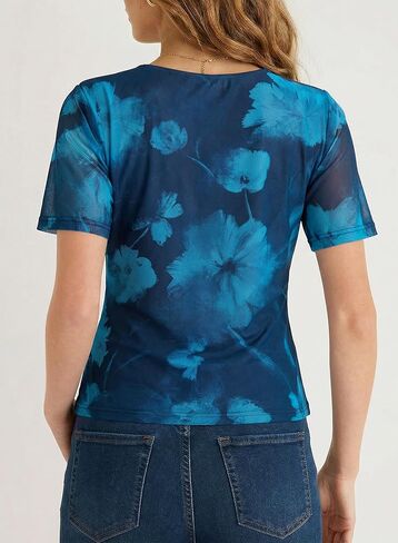 Dokotoo Womens Summer Tops Short Sleeve Mesh Boho Floral V Neck Ruched Front Casual Slim Fit Stretch Blouses Shirts in Kuwait
