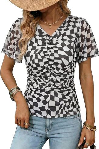 Dokotoo Womens Summer Tops Short Sleeve Mesh Boho Floral V Neck Ruched Front Casual Slim Fit Stretch Blouses Shirts in Kuwait