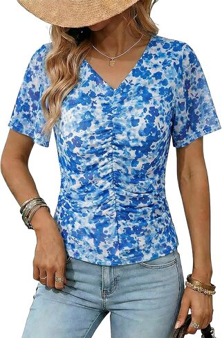 Dokotoo Womens Summer Tops Short Sleeve Mesh Boho Floral V Neck Ruched Front Casual Slim Fit Stretch Blouses Shirts in Kuwait