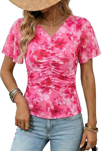 Dokotoo Womens Summer Tops Short Sleeve Mesh Boho Floral V Neck Ruched Front Casual Slim Fit Stretch Blouses Shirts in Kuwait