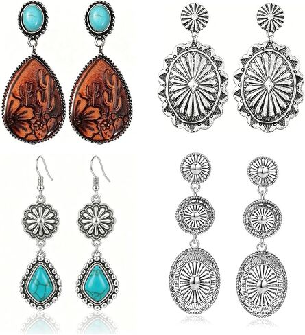 Western Earrings for Women Bohemian Silver Oval Teardrop Turquoise Earrings Dangle Western Country Cowgirl Jewelry Accessories Gift in Kuwait