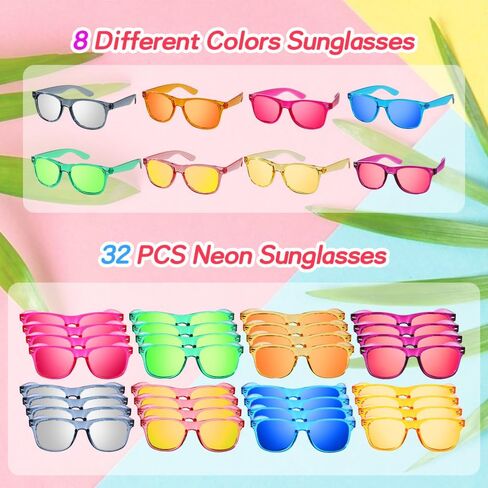 32 Packs Neon Party Sunglasses Bulk, UV400 Protection Sun Glasses Party Favors for Summer Pool Beach, Carnival, Goody Bags Stuffers, Birthday Party Supplies for Kids Adults in Saudi Arabia