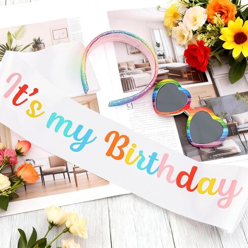 Rainbow Birthday Party Decorations Headband and It's my Birthday Sash with Sunglasses Colorful Birthday Decorations Pastel Rainbow Party Decorations for Women Girls in Saudi Arabia