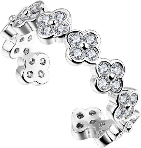 Four Leaf Clover Moissanite Ring for Women - 14K Gold Onyx Black with Cubic Zirconia Shamrock Ring - Hypoallergenic Non Tarnish Rings Stackable Thumb Adjustable Open Lucky Rings Gifts in Saudi Arabia