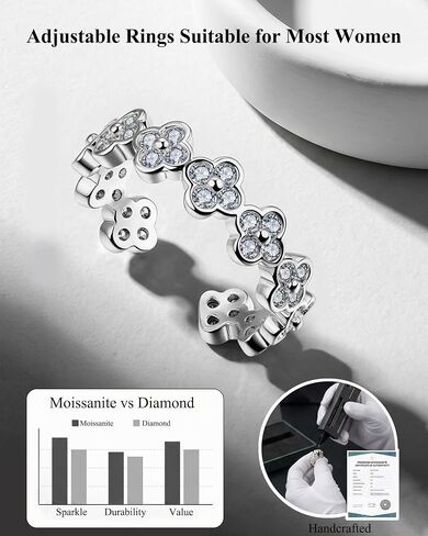 Four Leaf Clover Moissanite Ring for Women - 14K Gold Onyx Black with Cubic Zirconia Shamrock Ring - Hypoallergenic Non Tarnish Rings Stackable Thumb Adjustable Open Lucky Rings Gifts in Saudi Arabia