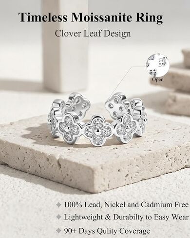 Four Leaf Clover Moissanite Ring for Women - 14K Gold Onyx Black with Cubic Zirconia Shamrock Ring - Hypoallergenic Non Tarnish Rings Stackable Thumb Adjustable Open Lucky Rings Gifts in Saudi Arabia
