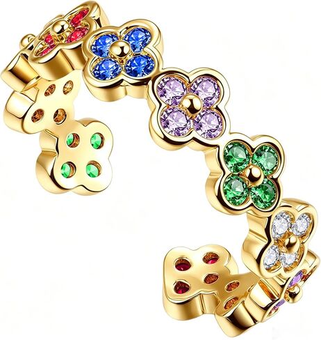 Four Leaf Clover Moissanite Ring for Women - 14K Gold Onyx Black with Cubic Zirconia Shamrock Ring - Hypoallergenic Non Tarnish Rings Stackable Thumb Adjustable Open Lucky Rings Gifts in Saudi Arabia