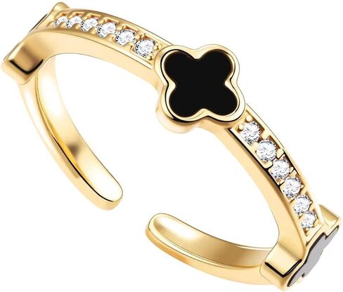 Four Leaf Clover Moissanite Ring for Women - 14K Gold Onyx Black with Cubic Zirconia Shamrock Ring - Hypoallergenic Non Tarnish Rings Stackable Thumb Adjustable Open Lucky Rings Gifts in Saudi Arabia
