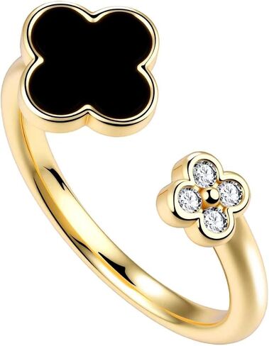 Four Leaf Clover Moissanite Ring for Women - 14K Gold Onyx Black with Cubic Zirconia Shamrock Ring - Hypoallergenic Non Tarnish Rings Stackable Thumb Adjustable Open Lucky Rings Gifts in Saudi Arabia