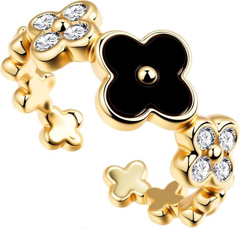 Four Leaf Clover Moissanite Ring for Women - 14K Gold Onyx Black with Cubic Zirconia Shamrock Ring - Hypoallergenic Non Tarnish Rings Stackable Thumb Adjustable Open Lucky Rings Gifts in Saudi Arabia