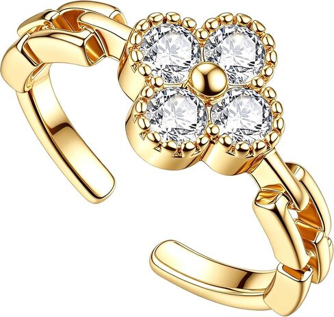 Four Leaf Clover Moissanite Ring for Women - 14K Gold Onyx Black with Cubic Zirconia Shamrock Ring - Hypoallergenic Non Tarnish Rings Stackable Thumb Adjustable Open Lucky Rings Gifts in Saudi Arabia