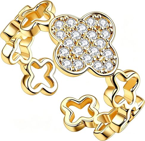 Four Leaf Clover Moissanite Ring for Women - 14K Gold Onyx Black with Cubic Zirconia Shamrock Ring - Hypoallergenic Non Tarnish Rings Stackable Thumb Adjustable Open Lucky Rings Gifts in Saudi Arabia