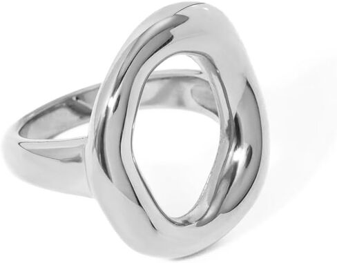 Kokoma Small Hollow Oval Chunky Statement Ring for Women, Fashion Thick Dome Stacking Ring Stainless Steel Finger Band Rings Comfort Fit Minimalist Jewelry in Kuwait