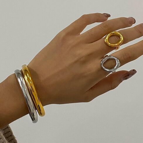 Kokoma Small Hollow Oval Chunky Statement Ring for Women, Fashion Thick Dome Stacking Ring Stainless Steel Finger Band Rings Comfort Fit Minimalist Jewelry in Kuwait