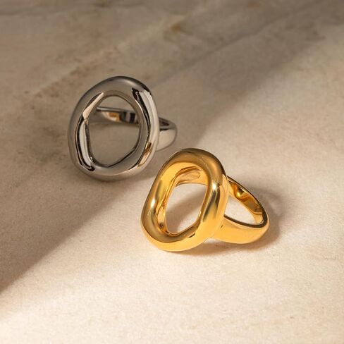 Kokoma Small Hollow Oval Chunky Statement Ring for Women, Fashion Thick Dome Stacking Ring Stainless Steel Finger Band Rings Comfort Fit Minimalist Jewelry in Kuwait