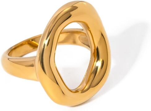 Kokoma Small Hollow Oval Chunky Statement Ring for Women, Fashion Thick Dome Stacking Ring Stainless Steel Finger Band Rings Comfort Fit Minimalist Jewelry in Kuwait