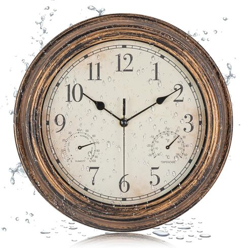 Outdoor Garden Wall Clock, Waterproof Vintage Wall Clock with Thermometer and Humidity, 12 Inch/30cm Non-Ticking Weatherproof Hanging Clock for Patio, Pool, Porch, Garden, Bathroom, Bronze in Saudi Arabia