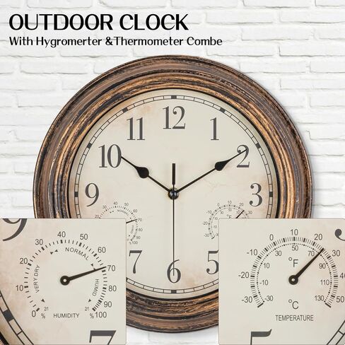 Outdoor Garden Wall Clock, Waterproof Vintage Wall Clock with Thermometer and Humidity, 12 Inch/30cm Non-Ticking Weatherproof Hanging Clock for Patio, Pool, Porch, Garden, Bathroom, Bronze in Saudi Arabia