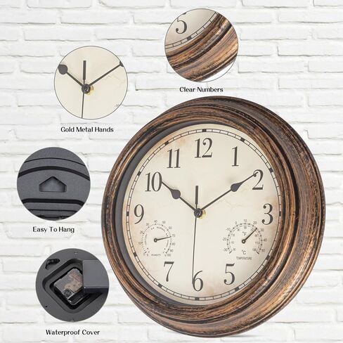 Outdoor Garden Wall Clock, Waterproof Vintage Wall Clock with Thermometer and Humidity, 12 Inch/30cm Non-Ticking Weatherproof Hanging Clock for Patio, Pool, Porch, Garden, Bathroom, Bronze in Saudi Arabia