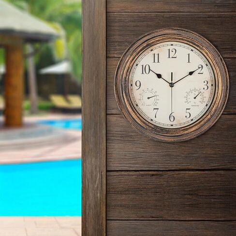 Outdoor Garden Wall Clock, Waterproof Vintage Wall Clock with Thermometer and Humidity, 12 Inch/30cm Non-Ticking Weatherproof Hanging Clock for Patio, Pool, Porch, Garden, Bathroom, Bronze in Saudi Arabia