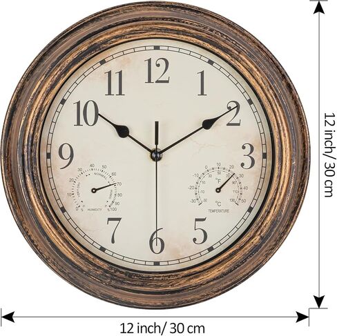 Outdoor Garden Wall Clock, Waterproof Vintage Wall Clock with Thermometer and Humidity, 12 Inch/30cm Non-Ticking Weatherproof Hanging Clock for Patio, Pool, Porch, Garden, Bathroom, Bronze in Saudi Arabia