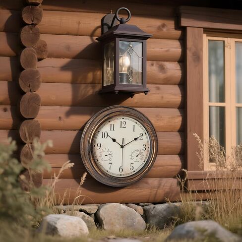 Outdoor Garden Wall Clock, Waterproof Vintage Wall Clock with Thermometer and Humidity, 12 Inch/30cm Non-Ticking Weatherproof Hanging Clock for Patio, Pool, Porch, Garden, Bathroom, Bronze in Saudi Arabia