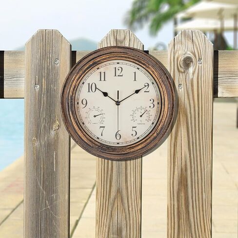 Outdoor Garden Wall Clock, Waterproof Vintage Wall Clock with Thermometer and Humidity, 12 Inch/30cm Non-Ticking Weatherproof Hanging Clock for Patio, Pool, Porch, Garden, Bathroom, Bronze in Saudi Arabia