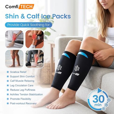 ComfiTECH Shin Splint Relief Ice Pack Wraps with 30-Min Extended Cooling for Injures, Dual-Gel Calf Ice Packs for Leg & Arm, Reusable Gel Cold Pack for Muscle Relaxation, Post-Workout Recovery, L in Saudi Arabia