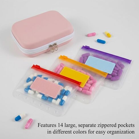 Weekly Pill Case Organizer, Reusable Pill Pouches Bag(NO Binder Clip) with 14 Colored Coded Bags & 16 Stickers, Waterpoof Travel Medicine Organizer for Fish Oils, Vitamins Supplement in Saudi Arabia
