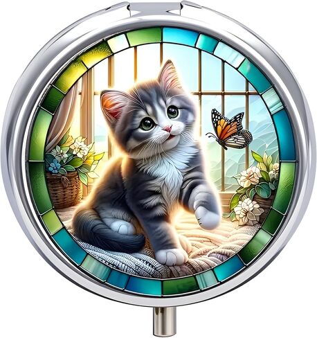 Stylish Stained Glass Kitten-Themed Pill Box with 3 Compartments – Compact and Durable Organizer for Supplements and Medication in Saudi Arabia