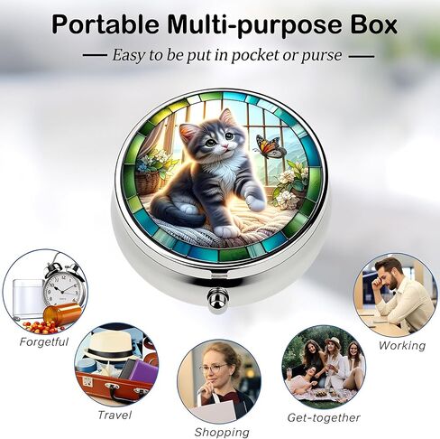 Stylish Stained Glass Kitten-Themed Pill Box with 3 Compartments – Compact and Durable Organizer for Supplements and Medication in Saudi Arabia