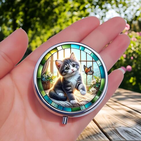 Stylish Stained Glass Kitten-Themed Pill Box with 3 Compartments – Compact and Durable Organizer for Supplements and Medication in Saudi Arabia