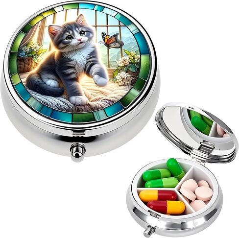 Stylish Stained Glass Kitten-Themed Pill Box with 3 Compartments – Compact and Durable Organizer for Supplements and Medication in Saudi Arabia