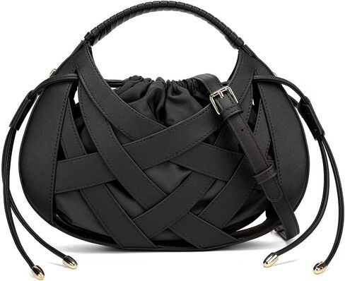 myfriday Woven Crossbody Bag for Women, Semicircle Boho Handbag Vegan Leather Shoulder Hand Purse with Drawstring in Saudi Arabia
