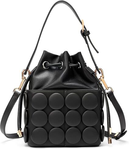 Women's PU Leather Drawstring Top Handle Bucket Bag Purse with Solid Dot Patterns, Crossbody Shoulder Handbag in Saudi Arabia