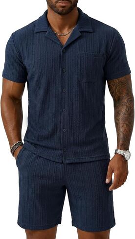 Men's Summer Outfits 2 Piece Jacquard Knit Tracksuit Textured Set for Beach Vocation Short Sleeve Shirts & Shorts in Saudi Arabia