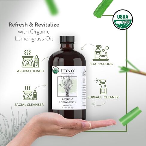 HBNO Organic Lemongrass Essential Oil - 16 oz (475ml) Large Size - Ideal for Shampoos, Conditioners, Mouth Washes, Face wash, Lotions, and Skin Care Products. in Kuwait