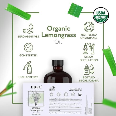HBNO Organic Lemongrass Essential Oil - 16 oz (475ml) Large Size - Ideal for Shampoos, Conditioners, Mouth Washes, Face wash, Lotions, and Skin Care Products. in Kuwait