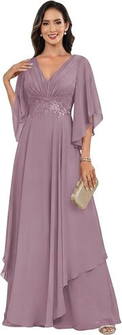 Women's V Neck Mother of The Bride Dresses with Sleeves Lace Appliques Chiffon Formal Evening Gown in Saudi Arabia