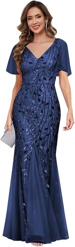 petyoo Sequin Mother of The Bride Dresses with Sleeves V-Neck Tulle Formal Evening Dress in Kuwait