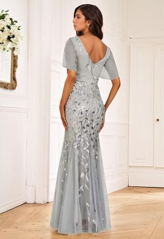 petyoo Sequin Mother of The Bride Dresses with Sleeves V-Neck Tulle Formal Evening Dress in Kuwait