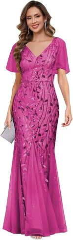 petyoo Sequin Mother of The Bride Dresses with Sleeves V-Neck Tulle Formal Evening Dress in Saudi Arabia